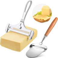 adjustable thickness cheese slicer with wood handle - 2 piece set, stainless steel wire cutter spatula for soft, semi-soft, and semi-hard cheeses - essential kitchen cooking tool logo