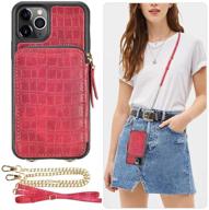 👜 dark red crocodile skin leather iphone 11 pro wallet case with card holder slot crossbody chain purse wrist strap - zve zipper case cover for apple iphone 11 pro 5.8 inch logo