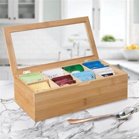 img 2 attached to 🍵 mDesign Bamboo Tea Storage Organizer Box - 8 Sections, Hinged Lid with Clear Window Top - Decorative Holder for Tea Bags, Packets, Small Items, Accessories - Natural Wood/Clear