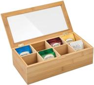 🍵 mdesign bamboo tea storage organizer box - 8 sections, hinged lid with clear window top - decorative holder for tea bags, packets, small items, accessories - natural wood/clear logo