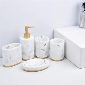 img 3 attached to 🚽 Jung Ford 5-Piece Bathroom Counter Top Accessory Set - Marble Imitated Resin (White) - Dispenser, Soap Dish, Toothbrush Holder & Tumblers
