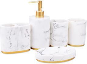 img 4 attached to 🚽 Jung Ford 5-Piece Bathroom Counter Top Accessory Set - Marble Imitated Resin (White) - Dispenser, Soap Dish, Toothbrush Holder & Tumblers