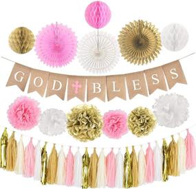 img 4 attached to 🎀 High-Quality Burlap Banner with Pink Cross - First Communion & Baptism Decorations - God Bless Theme - Honeycomb, Paper Fan, Tassel, and Pompoms Included - Bautizo Decorations By Antsik'Aby