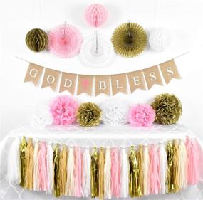 img 1 attached to 🎀 High-Quality Burlap Banner with Pink Cross - First Communion & Baptism Decorations - God Bless Theme - Honeycomb, Paper Fan, Tassel, and Pompoms Included - Bautizo Decorations By Antsik'Aby