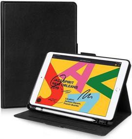 img 4 attached to FYY iPad 10.2 Case 8th/7th Gen (2020/2019), Luxury 📱 Cowhide Genuine Leather Cover with Pencil Holder, Auto Sleep-Wake, Black