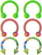 🌈 vibrant rainbow green paint horseshoe rings: oufer 6pcs 16g stainless steel circular barbells for daith earring, helix, tragus, and eyebrow piercing logo