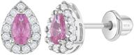 925 sterling silver clear &amp; pink cubic zirconia teardrop screw back earrings for young girls and pre teens - raindrop earrings logo