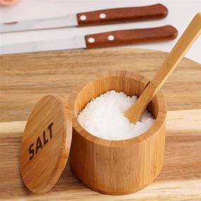 img 1 attached to 🧂 Bamboo Salt Box with Lid and Built-in Service Spoons - Engraved 'Salt' Seasoning Container