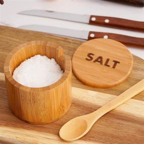 img 2 attached to 🧂 Bamboo Salt Box with Lid and Built-in Service Spoons - Engraved 'Salt' Seasoning Container