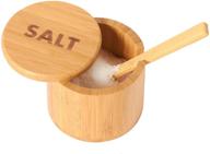 🧂 bamboo salt box with lid and built-in service spoons - engraved 'salt' seasoning container logo