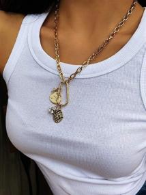 img 1 attached to 🦁 Sparkling Gold Lion Necklace: 18k Gold Plated Rhinestone M Coin Lock Leo Zodiac Pendant on Y2k Fashion Paperclip Chain - Perfect for Women and Teens