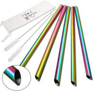 🥤 set of 5 reusable stainless steel straws - 10" boba and smoothie straws with angled tips, rainbow colors - 0.5" wide metal straws for bubble tea, milkshakes, jumbo drinks - includes 2 cleaning brushes and 1 carrying case logo