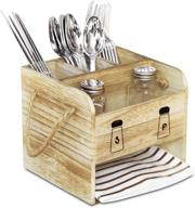 🍴 ikee design wooden utensil caddy flatware holder - organize spoons, knives, forks, salt pepper shakers, napkins - perfect for dining room, restaurant, kitchen - 7 1/8”w x 6 5/8”d x 7 1/2”h логотип