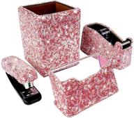 💎 luxury handmade diamond pencil pen pot holder, stapler, card holder, and desktop tape dispenser office stationery kit for fashion girls women – square, pink логотип