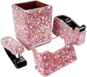 img 4 attached to 💎 Luxury Handmade Diamond Pencil Pen Pot Holder, Stapler, Card Holder, and Desktop Tape Dispenser Office Stationery Kit for Fashion Girls Women – Square, Pink