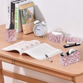 img 1 attached to 💎 Luxury Handmade Diamond Pencil Pen Pot Holder, Stapler, Card Holder, and Desktop Tape Dispenser Office Stationery Kit for Fashion Girls Women – Square, Pink