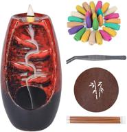 🔥 incense waterfall burner, ceramic backflow incense holder for home decor and aromatherapy with 120 upgraded backflow incense cones, 30 incense sticks, 1 cushion, and 1 tweezer (red) логотип