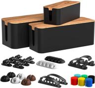 🔌 set of 3 cable management boxes with 16 cable clips - wooden style cable organizer box for hiding wires and power strips – cord organizer box for home and office (black) logo