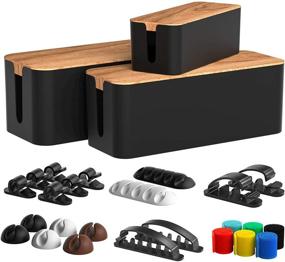 img 4 attached to 🔌 Set of 3 Cable Management Boxes with 16 Cable Clips - Wooden Style Cable Organizer Box for Hiding Wires and Power Strips – Cord Organizer Box for Home and Office (Black)