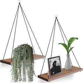 img 4 attached to Set of 2 OMYSA Boho Wall Hanging Shelves - Rustic Wood Floating Shelving for Bedroom Bathroom Living Room Nursery - Triangle Window Rope Hanging Plant Shelf - Brown Farmhouse Décor