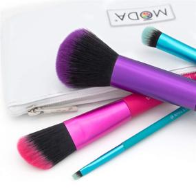 img 1 attached to MODA 5pc Makeup Brush Set with Pouch - Full Size Brushes for Multi-Purpose Powder, Angle Foundation, Domed Shadow, and Angle Liner Applications, in Multicolor