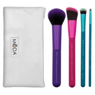 moda 5pc makeup brush set with pouch - full size brushes for multi-purpose powder, angle foundation, domed shadow, and angle liner applications, in multicolor logo