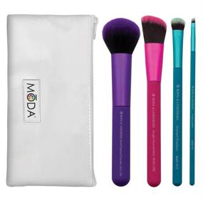 img 4 attached to MODA 5pc Makeup Brush Set with Pouch - Full Size Brushes for Multi-Purpose Powder, Angle Foundation, Domed Shadow, and Angle Liner Applications, in Multicolor