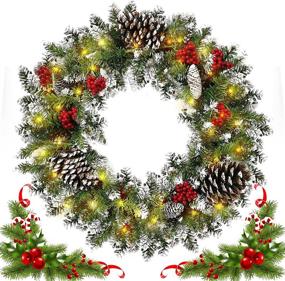 img 4 attached to 🎄 Leaflai Pre-Strung Christmas Wreaths for Front Door - Battery Operated Prelit Xmas Wreath with 50 LED Lights, Artificial Door Wreaths (24in)