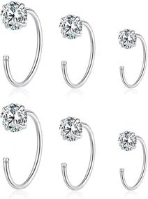 img 4 attached to 💎 Set of 3 Sterling Silver Crystal CZ Round Solitaire Half Hoop Earrings for Women Girls – 6/8/10mm Minimalist Jewelry Gift for Cartilage, Tragus, Piercing, Stud, Nose Ring – Hypoallergenic Sleeper Huggie Fake Hoops