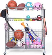 🏀 garage sports equipment organizer with baskets and hooks, rolling basketball racks for balls, outdoor toy storage in grey, powder coated steel logo