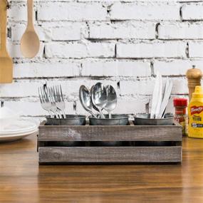 img 1 attached to 🍴 Rustic Brown Whitewashed Wood Pallet Dining Utensil Holder with 3 Galvanized Metal Buckets - MyGift Flatware Caddy