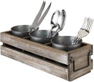 🍴 rustic brown whitewashed wood pallet dining utensil holder with 3 galvanized metal buckets - mygift flatware caddy логотип