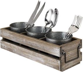 img 4 attached to 🍴 Rustic Brown Whitewashed Wood Pallet Dining Utensil Holder with 3 Galvanized Metal Buckets - MyGift Flatware Caddy