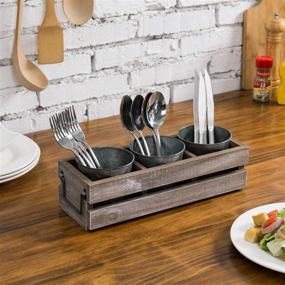 img 3 attached to 🍴 Rustic Brown Whitewashed Wood Pallet Dining Utensil Holder with 3 Galvanized Metal Buckets - MyGift Flatware Caddy