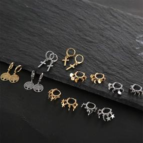 img 2 attached to 🌙 Gold Silver Hoop Earrings for Women - 12 Pairs - 14k Gold Plated Moon Star Butterfly Evil Eye Bee Small Huggie Tiny Hoop Earrings With Charm for Girls