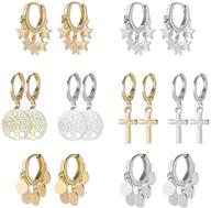 🌙 gold silver hoop earrings for women - 12 pairs - 14k gold plated moon star butterfly evil eye bee small huggie tiny hoop earrings with charm for girls logo