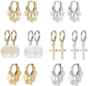 img 4 attached to 🌙 Gold Silver Hoop Earrings for Women - 12 Pairs - 14k Gold Plated Moon Star Butterfly Evil Eye Bee Small Huggie Tiny Hoop Earrings With Charm for Girls