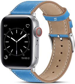 img 4 attached to 👑 Натуральный кожаный ремешок для Apple Watch серии 6/5/4/3/2/1/SE - Marge Plus, совместим с 44 мм/ 42 мм, голубой/серебристый