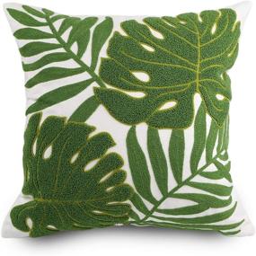 img 4 attached to 🌿 Hodeco Tropical Green Leaves Embroidered Throw Pillow Cover 18x18 - Stylish 100% Cotton Cushion Case for Couch