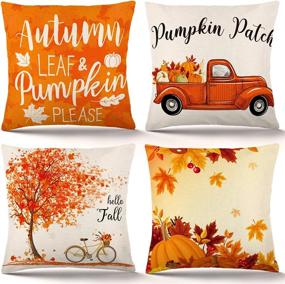 img 4 attached to 🍂 Set of 4 ZJHAI Fall Pillow Covers 18x18 Inch - Autumn Pumpkin, Holiday Rustic Linen Pillow Case for Sofa Couch - Farmhouse Thanksgiving Fall Decorations Throw Pillow Covers