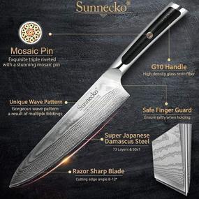 img 3 attached to 🔪 Sunnecko Damascus Chef Knife Set: Authentic Japanese Damascus VG10 Steel - 8 inch Chef Knife &amp; 5" Kitchen Knife - Copper Rivet G10 Handle - Razor Sharp Blades - Presented in Acacia Wooden Gift Box