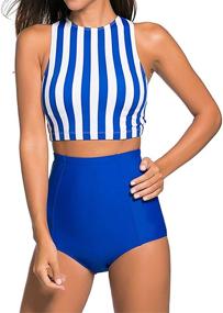 img 4 attached to 🔶 Blue and White Striped Tankini Swimsuit Set with High-Waisted Sport Shorts