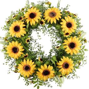 img 4 attached to 🌻 Cekene 17" Artificial Sunflower Wreath for Front Door - Faux Floral Round Spring Summer Decor with Green Leaves - Home Party, Window, Wall Décor, Wedding Decoration