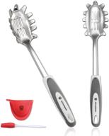 spaghetti spoon server set (2-piece, gray): stainless steel slotted pasta spoon with durable pasta fork, comfortable grip design - kitchen essential with bonus silicone brush and oven mitt logo