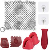 🧼 6 inch stainless steel chainmail scrubber cleaning kit for cast iron skillets, pots, iron pans, and woks - includes silicone hot handle holder, wall hook, and scraper (8 pcs total) logo