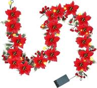 🎄 bommeter 6ft christmas poinsettia garland: 20 lights, 18 poinsettia, 18 red nine heads berry, 36 leaves - battery operated indoor outdoor mantle holiday decor (warm white) logo