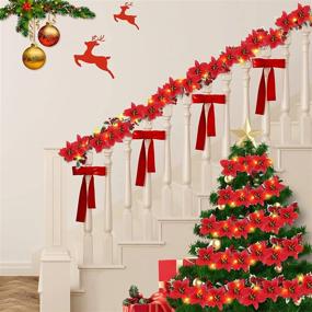 img 1 attached to 🎄 BOMMETER 6FT Christmas Poinsettia Garland: 20 Lights, 18 Poinsettia, 18 Red Nine Heads Berry, 36 Leaves - Battery Operated Indoor Outdoor Mantle Holiday Decor (Warm White)