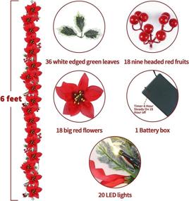 img 3 attached to 🎄 BOMMETER 6FT Christmas Poinsettia Garland: 20 Lights, 18 Poinsettia, 18 Red Nine Heads Berry, 36 Leaves - Battery Operated Indoor Outdoor Mantle Holiday Decor (Warm White)