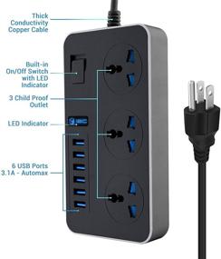 img 3 attached to 💡 Surge-Protected Universal Power Strip with 3 Outlets and 6 USB Slots, Switch, and 2M Extension Cord – Black Gray