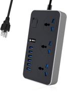 💡 surge-protected universal power strip with 3 outlets and 6 usb slots, switch, and 2m extension cord – black gray logo